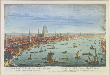 London South West Prospect, a Somerset Gardenstől a Towerig (színes litográfia)